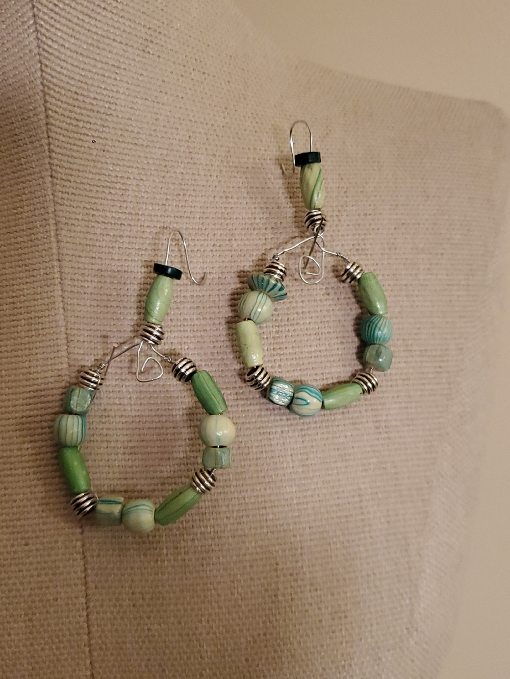 Green Beaded Hoop Earrings - Unbranded